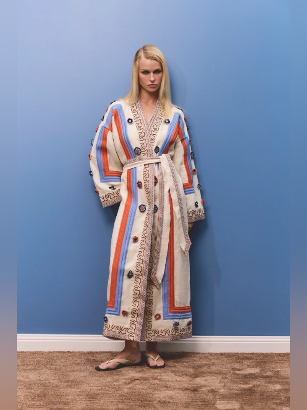 Antipodean Rise 100% Linen Woven Embellished Belted Robe Long Dress Size M NWT